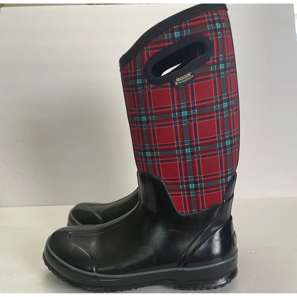 Bogs Classic Winter Plaid Waterproof Boots Red Blue Tartan Womens 8 Neo-Tech